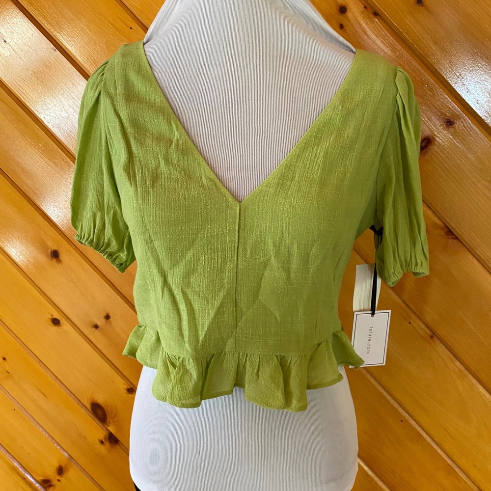 1.STATE Lime Green Ruffle Hem Puff Sleeve Open Tie Back Crop Top Size 6 NWT